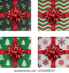 set of realistic christmas gift boxes. collection of christmas gift boxes with red bow and decorations top view
