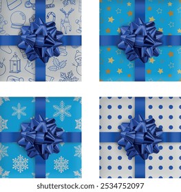 set of realistic christmas gift boxes. collection of christmas gift boxes with blue bow and decorations top view