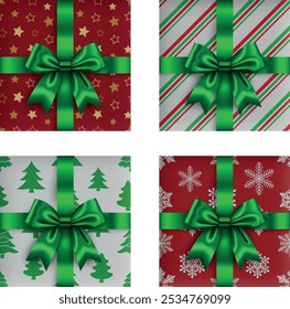 set of realistic christmas gift boxes. collection of christmas gift boxes with green bow and decorations top view