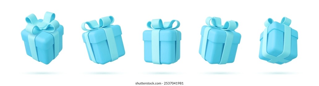 Set of Realistic christmas gifts boxes isolated on a white background. five gift boxes with bows and ribbons. Holiday decoration presents. Festive gift surprise. 3d rendering. Vector illustration