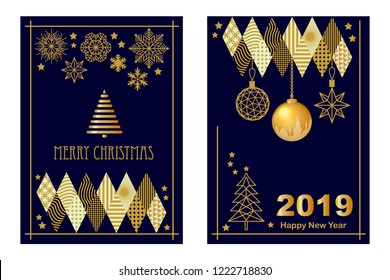 Set of realistic Christmas greeting card. Abstract Xmas balls, fir trees, gifts and festive decorations on black background.