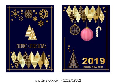 Set of realistic Christmas greeting card. Abstract pink Xmas ball, fir trees, gifts and festive decorations on black background.