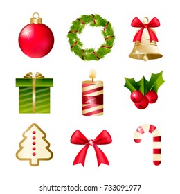 Set of realistic christmas icons. Vector illustration of a bell, bow, candle, wreath