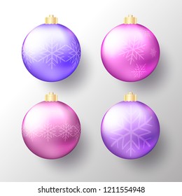 Set of realistic Christmas or New Year transparent Baubles, spheres or balls in bright purple colors with golden caps, snowflakes and shadow. isolated on white background Vector illustration eps10