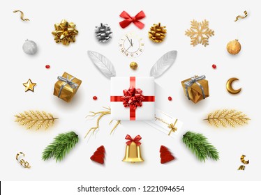 Set Realistic Christmas Objects Isolated On White Background. Elements Gift Box, Lush Bows, Pine Branches, Pine Cone, Decorative Snowflake, Xmas Ball And Confetti, Bells, And Old Watch