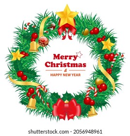 set of realistic christmas wreath garland ornament isolated or christmas decoration wreath with golden bells and red bow ribbon or merry christmas decoration. eps vector
