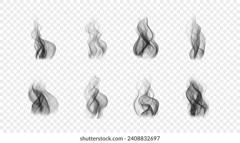 Set of realistic cigarette smoke. Vector design elements. Black wavy incense fog isolated on transparent background