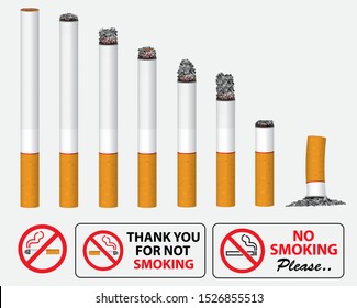 set of realistic cigarette smoldering in a line and no smoking sign. eps 10 vector