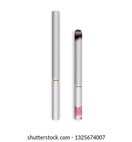 Set of Realistic cigarettes with smoke and lipstick print isolated on white background. Female addiction. Tobacco. Narcotic problem concept, Vector Eps 10 illustration