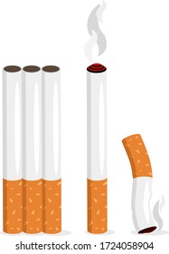 Set of realistic cigarettes whole, with smoke and a cigarette butt