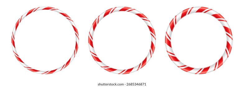 Set of realistic circular frames with a glossy, red and white candy cane pattern. This festive holiday border collection is perfect for creating Christmas wreaths or labels