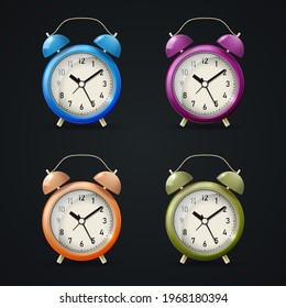 Set of realistic classic alarm clocks. Vector illustration.

