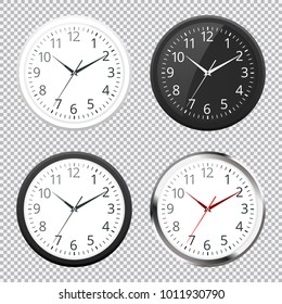 Set of Realistic classic black, white and silver round wall clock icon isolated on transparent background.