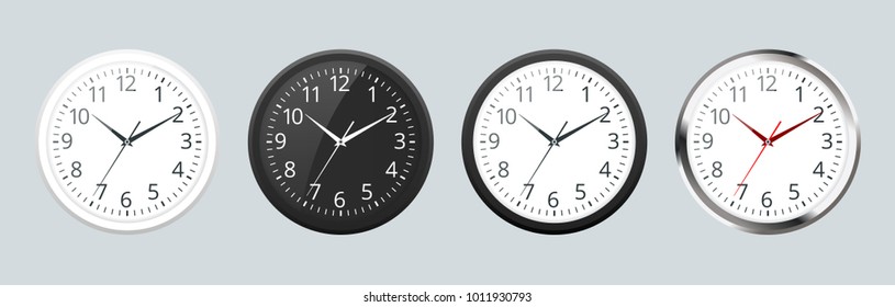 Set of Realistic classic black, white and silver round wall clock
