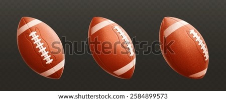 Set of realistic classic brown leather rugby balls isolated on black background. Sports accessory and equipment for American football. Vector 3d illustration
