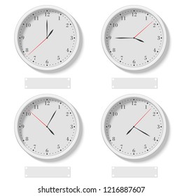 Set of realistic classic round clocks showing various time. World time clock, different time zone vector illustration.
