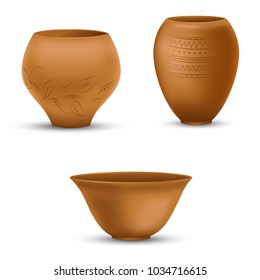 Set of realistic clay pots isolated on white background