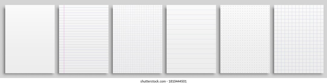 Set realistic clean papers blank page notepad with lines isolated, dots and cells, six notepad blank mockup template copybook cover, realistic blank sheets - stock vector