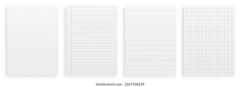 Establecer papeles limpios realistas en blanco para la página con líneas aisladas, puntos y celdas, seis notas para la plantilla de maquillaje en blanco cubierta del libro de copias, hojas en blanco realistas - vector