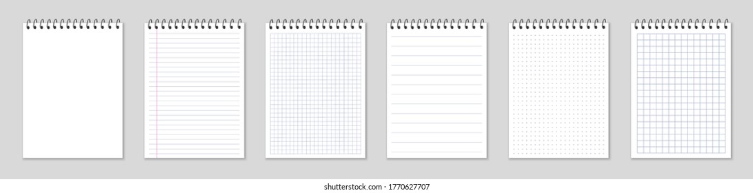 Set Realistic Clean Spiral Blank Notebook With Lines Paper Page Isolated, Dots And Cells, Six Notepad Blank Mockup Template Copybook Cover - Stock Vector