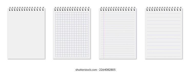 Set realistic clean spiral blank notebook with lines paper page isolated, dots and cells, six notepad blank mockup template copybook cover - vector