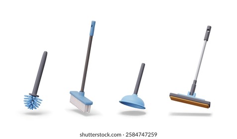 Set of realistic cleaning tools. Plunger, toilet brush, broom, mop. Isolated elements on white background. Different types of cleaning in bathroom, kitchen, toilet