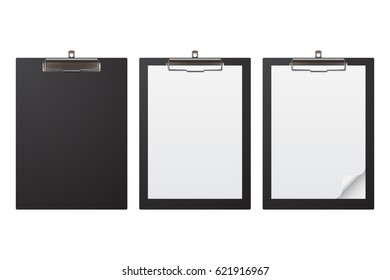 Set of realistic clipboard, empty, with sheet of paper a4, with folded corner, isolated on white