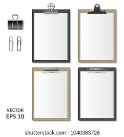 Set of Realistic clipboards with blank white paper sheet. Notepad information board Template for corporate identity. Black and brown wooden Clipboard. vector illustration