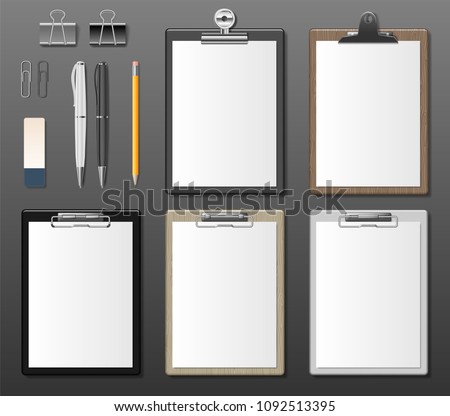 Set of Realistic clipboards with blank white paper sheet. Notepad information board Template for corporate identity. Black, white and wooden Clipboard. vector illustration