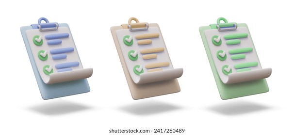 Set of realistic clipboards with lists of different colors. Web templates for selection options. 3D model, angle view. Various tasks, questionnaires. Isolated illustrations with shadows