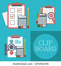 Set of realistic clipboards. Vector illustration with calculator and pencil