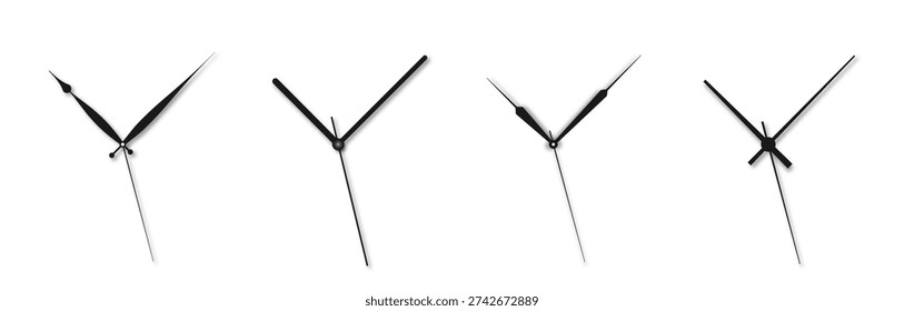 Set of realistic clock hands in minimalist style. Classic analog watch arrows with hour, minute, and second hands on a white background. Modern clock pointer collection for clock face design. Vector