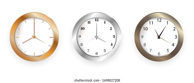 Set von realistischer Uhr, moderne Quarz-Wanduhr auf weißem Hintergrund.