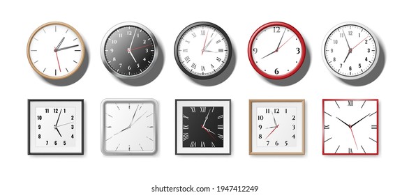 Set of realistic clocks and watches for office. Wall clocks round and square quartz clockwises. Modern 3d watches with white and black clock faces. Vector illustration