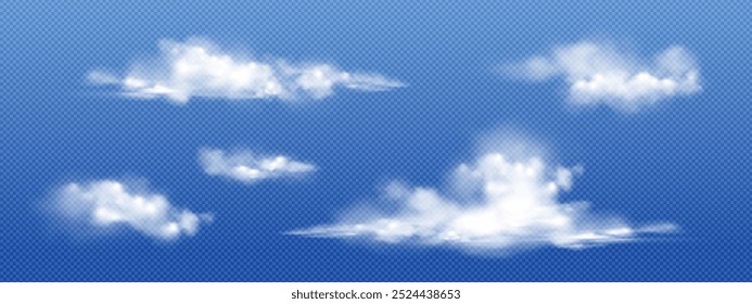 Conjunto de nubes realistas sobre un fondo transparente.  