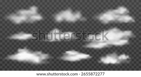 Set of realistic clouds in various forms. Isolated elements with overlay effect. White cumulus clouds, smoke or fog. Cloudy texture, fire smoke wave or smoking explosion. Vector bundle.