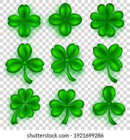 Set of realistic clover leaves in green colors with shadows on transparent background. Symbols for St. Patrick's Day