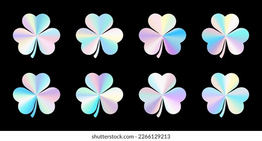 Set of realistic clover shaped holograms. Rainbow color gradient. Multicolored texture.3d vector illustration on a black background.