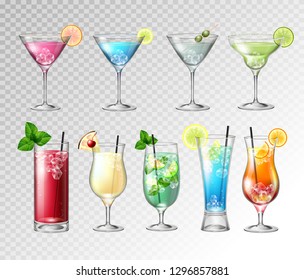 Set of Realistic cocktails  on transparent background. Vector illustration