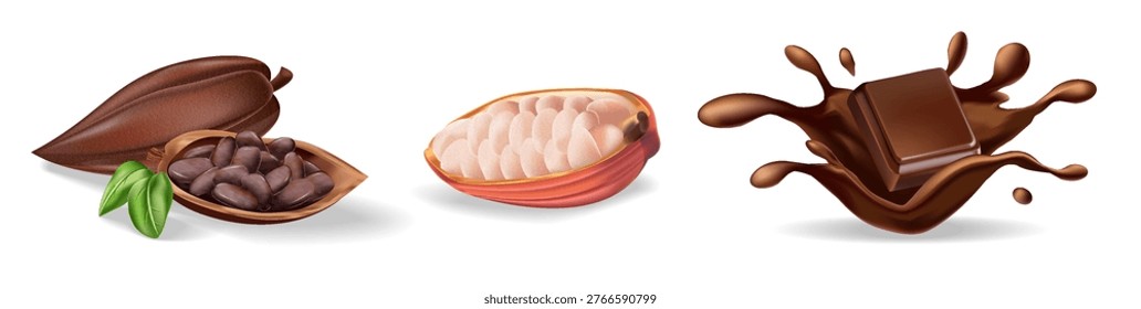 Set of realistic cocoa beans isolated on transparent background. Detailed vector illustration for chocolate production, food design, packaging, and confectionery themes Set of realistic cocoa beans isolated on transparent background. Detailed vector illustration for chocolate production, food design, packaging, and confectionery themes
