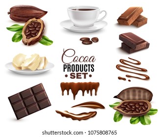 Set of realistic cocoa products including dried beans, drink, cacao butter, chocolate bar isolated vector illustration