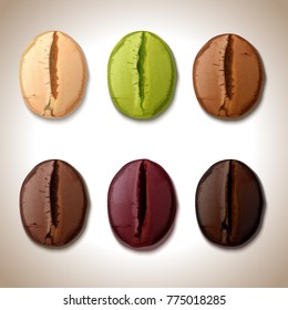 Set of realistic coffee beans of different shapes and colors. Vector illustration