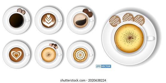set of realistic coffee cup cappuccino latte isolated or coffee cup assortment top view or hot morning drinks concept. eps vector