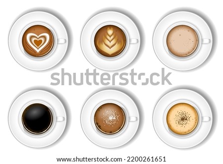set of realistic coffee cups with milk isolated or coffee cup at coffee shop with cappucino, americano, espresso mocha latte. eps vector