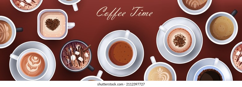 set realistic coffee with different signs hot drinks collection horizontal