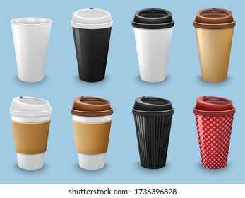 Set of realistic coffee drinking cups with lid and holder template
