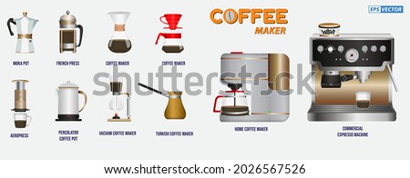 set of realistic coffee maker isolated such as hario, chemex,french press,moka pot,aero press,percolator coffee pot,siphon coffee, vacuum coffee maker turkish . eps vector