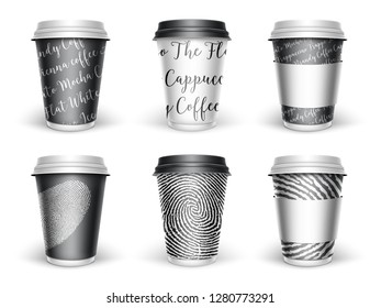 Set of realistic coffee paper cups on white background. Black and white mock ups paper cups for your brand. Your logo here template. Fingerprint and typography patterns.