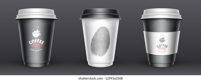 Set of realistic coffee paper cups on black background. Black and white mock ups paper cups for your brand. Your logo here template. 