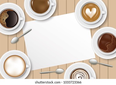 Set of realistic coffee, silver spoon and paper top view on wooden table background vector illustration / Espresso, Chocolate, Milk, Latte, Cappuccino, Mocha, Americano, Black coffee with copy space